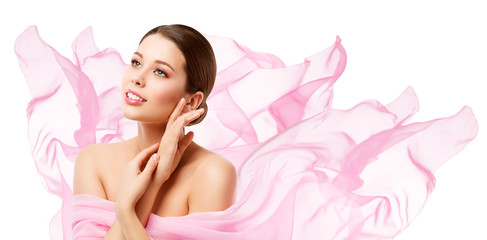 Beauty Makeup Skin Care, Woman Touching Face by Hand, Young Girl in Pink Waving Cloth over White