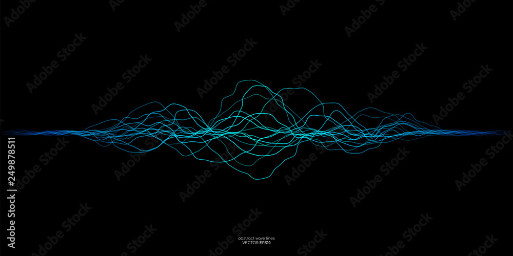 Poster vector wave lines flowing dynamic in blue green colors isolated on black background for concept of a