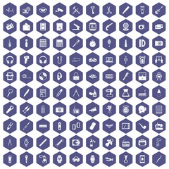 100 portable icons set in purple hexagon isolated vector illustration