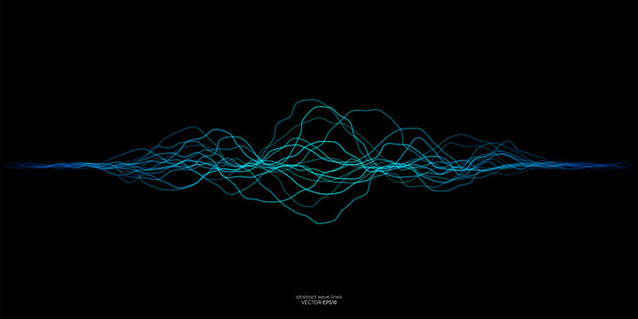 Vector wave lines flowing dynamic in blue green colors isolated on black background for concept of AI technology, music, sound