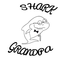 Family sharks. Grandpa shark with cane and bow tie. Cute cartoon outline of sea animals. Print for clothes or for coloring book