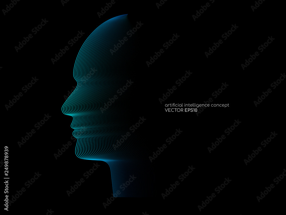 Poster artificial intelligence technology concept human head shape with light dots line blue color on black