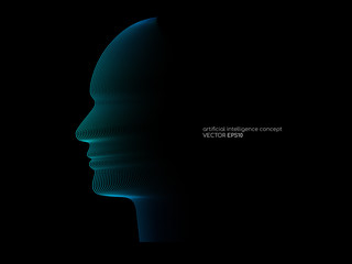Artificial intelligence technology concept human head shape with light dots line blue color on black background. Vector in concept technology, communication, digital, ai, science.