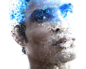 Paintography. Double exposure of an attractive male model combined with hand drawn ink paintings with depth and texture, colorful