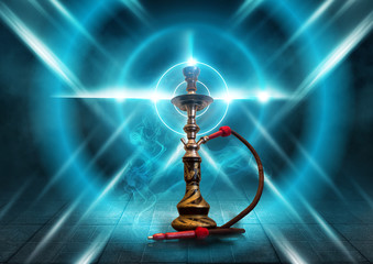 Background smoking hookah on a concrete pavement, paving slabs. Neon light, spotlight, smoke