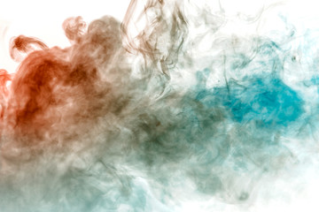 Blue-red smoke swirls on a white background depicting a beautiful pattern, decorative ornaments. Color transition by substance molecules for printing on t-shirt and clothes