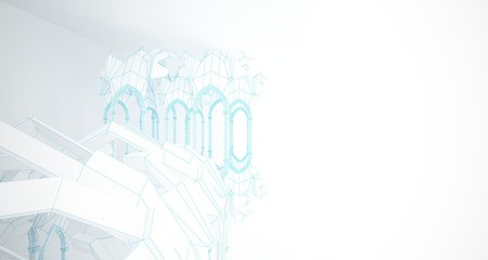 Abstract drawing white gothic interior multilevel public space with window. 3D illustration and rendering.