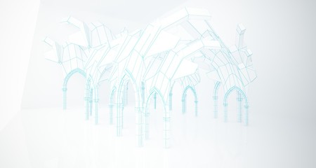 Abstract drawing white gothic interior multilevel public space with window. 3D illustration and rendering.