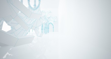 Abstract drawing white gothic interior multilevel public space with window. 3D illustration and rendering.
