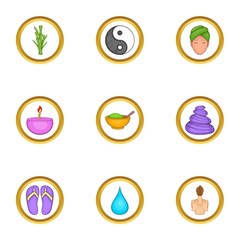 Relaxing massage icons set. Cartoon set of 9 relaxing massage vector icons for web isolated on white background