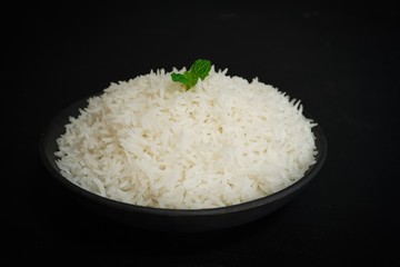 Bowl of cooked basmati rice. selective focus