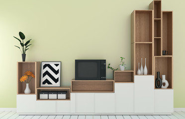 Tv shelf in yellow room modern tropical style - empty room interior - minimal design. 3d rendering 