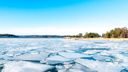 Archipelago in a February, with snow and floating ice. Turku, Finland February 2019.