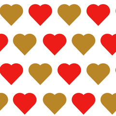 Red and gold hearts seamless pattern. Vector illustration on white background.