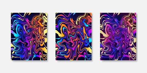 Set of 3 gradient liquid abstract backgrounds. Rainbow fluid concept backdrop collection, oil spill on black. Hand drawn vertical cover templates. Beautiful illustration, creative poster. Vector.