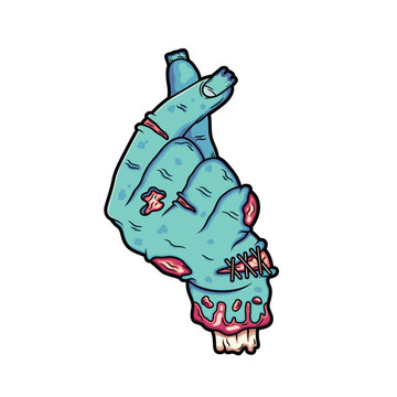 The broken zombie hand makes the signature like it. Vector clip art illustration with simple gradient.