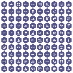 100 sea icons set in purple hexagon isolated vector illustration