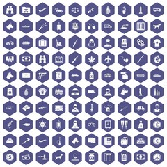 100 smuggling  icons set in purple hexagon isolated vector illustration