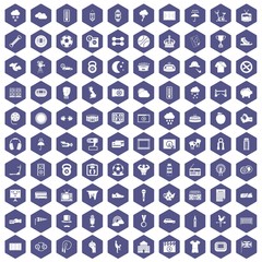 Fototapeta na wymiar 100 soccer icons set in purple hexagon isolated vector illustration
