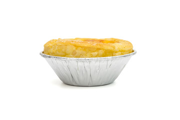 egg tart in aluminum foil cup isolated on white background