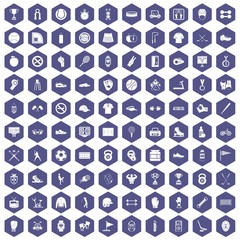Fototapeta na wymiar 100 sport equipment icons set in purple hexagon isolated vector illustration