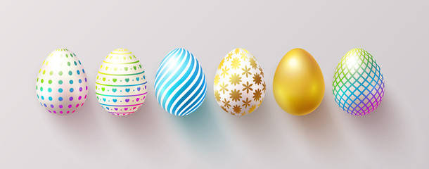Set of color Easter eggs with shadow. Traditional symbol of Easter isolated on white background.