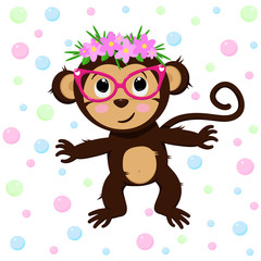 poster with cute monkey and flowers - vector, illustration, eps