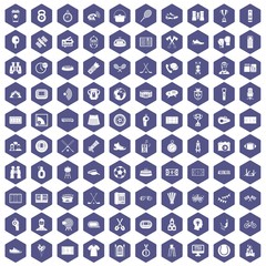 Fototapeta na wymiar 100 sport journalist icons set in purple hexagon isolated vector illustration