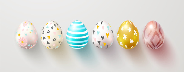 Set of color Easter eggs with shadow. Traditional symbol of Easter isolated on white background.