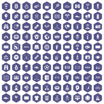 100 sport journalist icons set in purple hexagon isolated vector illustration