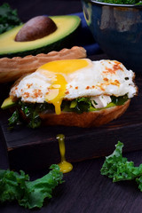 Sandwich with fried egg with liquid yolk and kale cabbage against the dark background