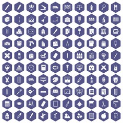 100 stationery icons set in purple hexagon isolated vector illustration