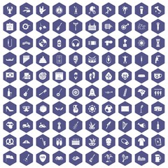 100 street festival icons set in purple hexagon isolated vector illustration