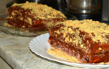 chocolate cake sprinkled with nuts