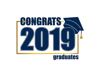 Class of 2019. Gold frame and blue number with education academic cap. Template for graduation design frame, high school or college congratulation graduate, yearbook. Vector illustration.