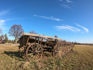 Fototapeta na wymiar Alte Kutsche mit großen Wagenrädern mit Feld von der Seite
