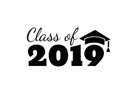 Class of 2019. Black number with education academic caps. Template for graduation design, high school or college congratulation graduate, yearbook. Vector illustration.