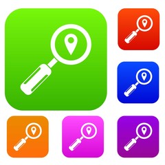 Magnifying glass and map location set icon in different colors isolated vector illustration. Premium collection