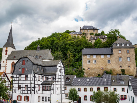 Blankenheim skyline, North Rhine-Westphalia, Germany under a moody overcast summer sky