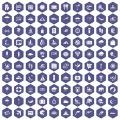 Fototapeta na wymiar 100 surfing icons set in purple hexagon isolated vector illustration