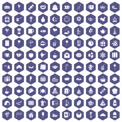 Fototapeta na wymiar 100 tea party icons set in purple hexagon isolated vector illustration
