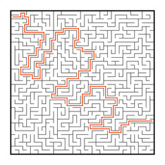 Abstract square maze. Game for kids. Puzzle for children. One entrance, one exit. Labyrinth conundrum. Flat vector illustration isolated on white background. With answer.