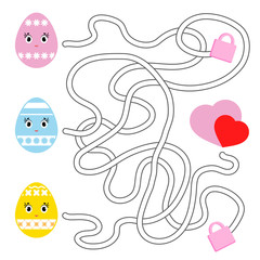 Color abstract labyrinth. Kids worksheets. Activity page. Game puzzle for children. Cute egg toon, the way to the heart, holiday, Easter. Maze conundrum. Vector illustration.
