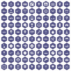 100 traffic icons set in purple hexagon isolated vector illustration