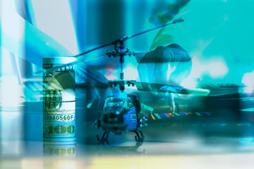 Government Military Defence Technology Abstract Background, Helicopter With Roll of US dollar Banknote, Concepts Of Modern Military Operation Cost.