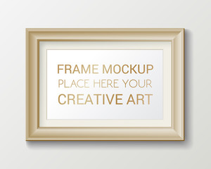 Realistic rectangular gold frame template, frame on the wall mockup with decorative borders