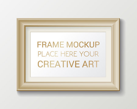 Realistic rectangular gold frame template, frame on the wall mockup with decorative borders