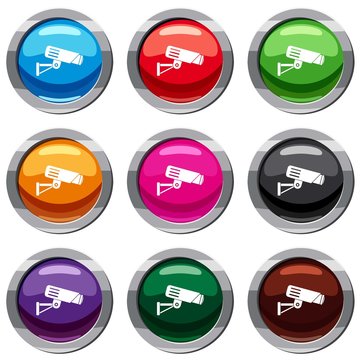 Security camera set icon isolated on white. 9 icon collection vector illustration