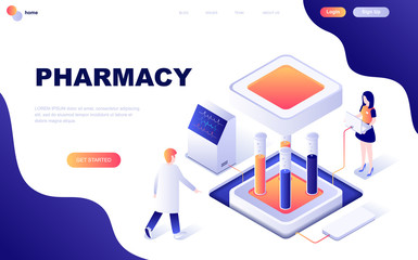 Modern flat design isometric concept of Pharmacist in Pharmacy decorated people character for website and mobile website development. Isometric landing page template. Vector illustration.