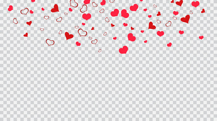 Red hearts of confetti crumbled. A sample of wallpaper design, textiles, packaging, printing, holiday invitation for birthday. Red on Transparent fond Vector. Happy background.